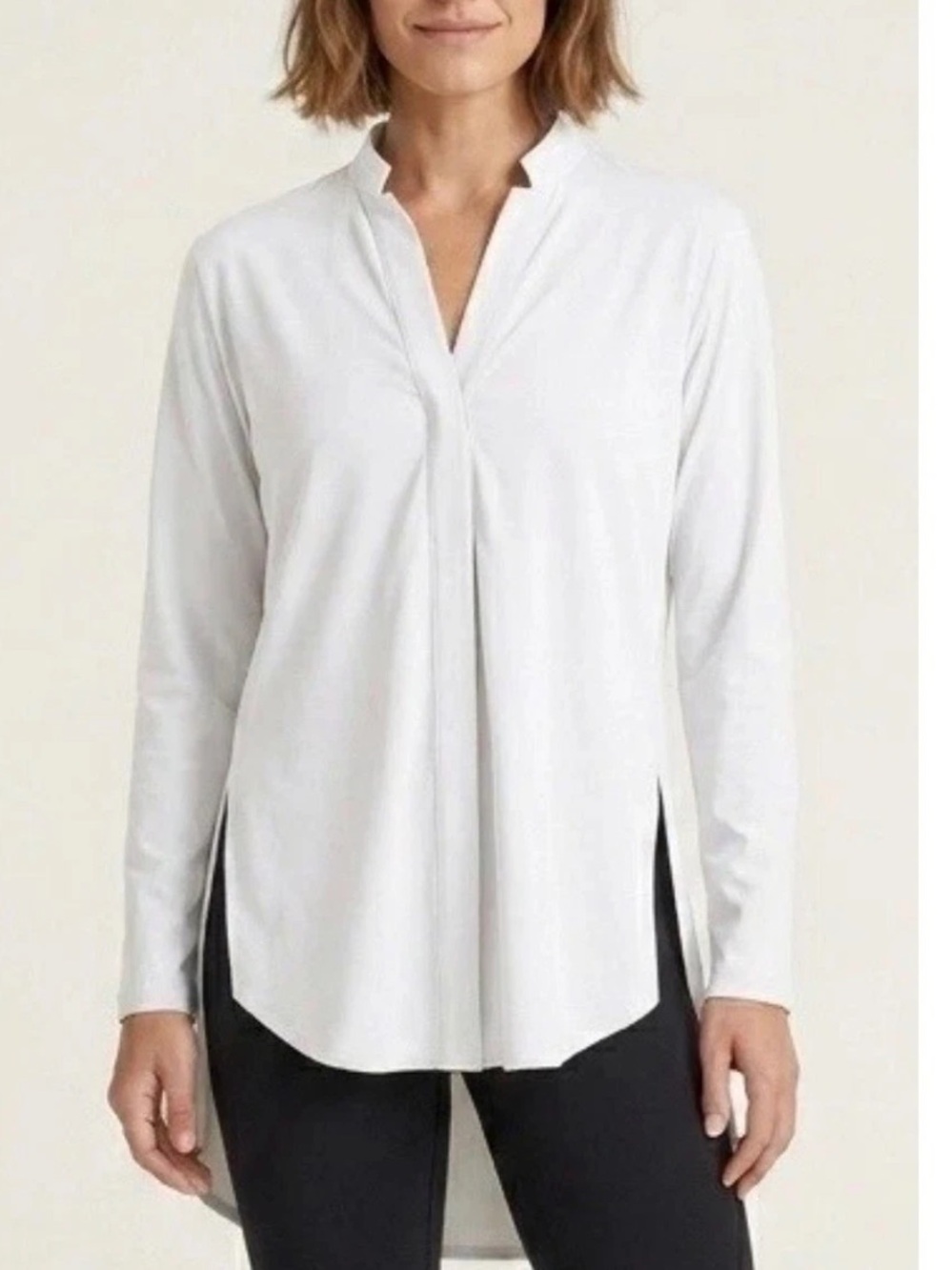 ADAY Something Borrowed Blouse Tunic White Stretch High Low Snap Front Medium